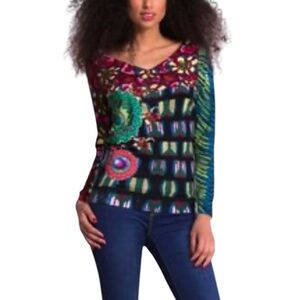 Desigual Colorful Patterned Long Sleeve Top Sweater Size S